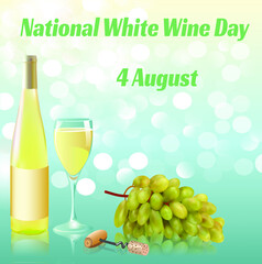 Baner illustration of National White Wine Day with bottle glass and grapes with reflection