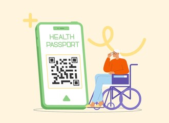 Concept of a health passport or Covid19 vaccination passport or electronic health code. Elderly female character sitting in a wheelchair. Flat vector illustration. Travel during the pandemic.
