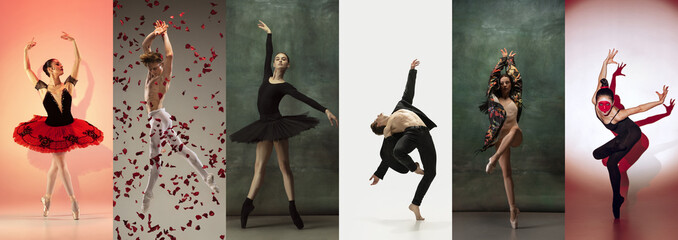 Fototapety  Collage of portraits of male and female ballet dancers dancing isolated on dark vintage background. Concept of art, theater, beauty and creativity