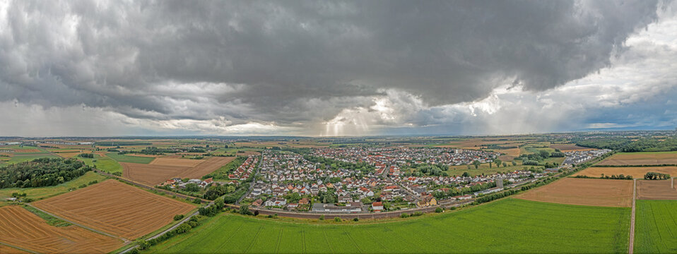 Panoramic drone picture of the southern Hessian town of Dornheim during an approaching thunderstorm and heavy rainfall