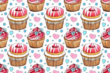 Seamless pattern, sweet cupcake. Watercolor hand painted illustration. Background for invitation, greeting card, template.