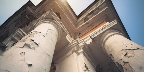 Old white columns with cracked surface against blue sky