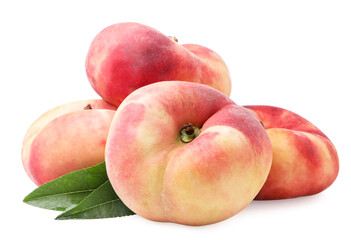 Flat peaches with green leaves on a white background. Isolated