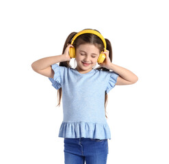 Little girl with headphones on white background