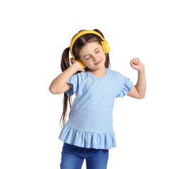 Little girl with headphones on white background