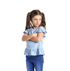 Upset little girl on white background