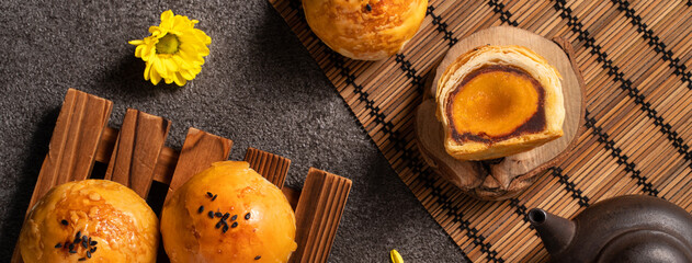 Obraz na płótnie Canvas Moon cake yolk pastry for Mid-Autumn Festival holiday.