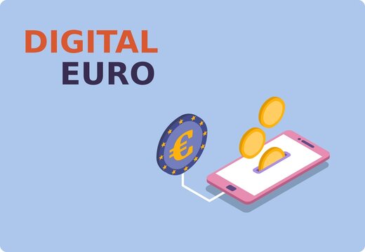 Popular Flat Colors. Payment And Transfer Of Digital Euro.  Secured Digital Euro Wallet. Isomeric 3D Vector Illustration.