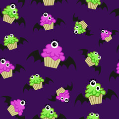 Seamless pattern with cupcake  and green eye on the top on purple background. illustration in cartoon style. Halloween party celebrating, autum.Cute seamless backgrounds for textile, fabric, wrapping 