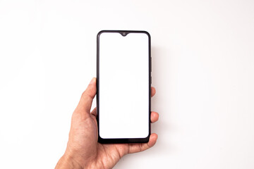 holding a phone on a white background