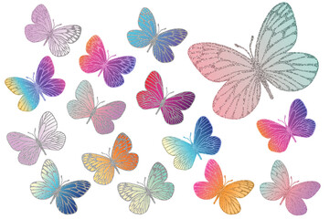 Butterflies bright silhouettes. Clip art kit on white background