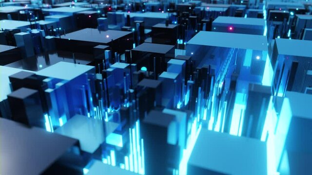 Abstract futuristic virtual city grid with flying lights and traffic connection. Modern blockchain technology concept