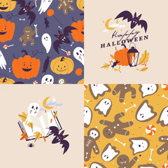 Vector illustartion set of linear icons for Happy Halloween. Trick or treat symbol. Background or seamless pattern.
