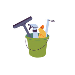 Vector illustration bucket with cleaning supplies, bottles, spray, brush. Cleaning sevice.