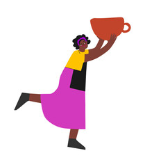 Vector flat illustration with African American woman. Student girl holds handmade ceramic tableware. She learned to create cup in pottery class. Creative hobby and artistic approach of happy master
