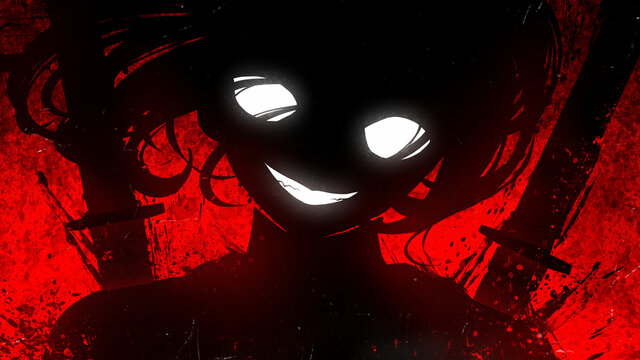 A sinister girl in the anime style smiles maliciously with fanged white teeth, her huge eyes glow in the dark, she has two katanas behind her back, on a blood-red background with many spots and blots