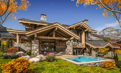 3d rendering of modern cozy chalet with pool and parking for sale or rent. Beautiful forest mountains on background. Massive timber beams columns. Clear sunny autumn day with golden leaves anywhere.