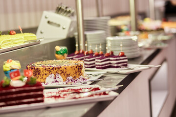 Turkish colorful desserts for picking up from buffet for hotel system of all-inclusive. Copy space