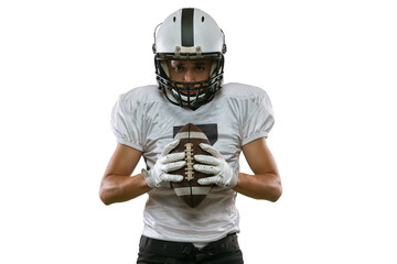 Close-up portrait of American football player in sports equipment, helmet and gloves isolated on...