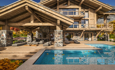 3d rendering of modern cozy chalet with pool and parking for sale or rent. Beautiful forest mountains on background. Massive timber beams columns. Clear sunny autumn day with golden leaves anywhere.
