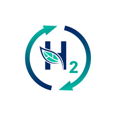 Renewable Eco Energy Clean Hydrogen H2 Icon Logo Concept. Production of Green Hydrogen Energy Powered by Renewable Electricity. Hydrogen H2 Vector Illustration Design.