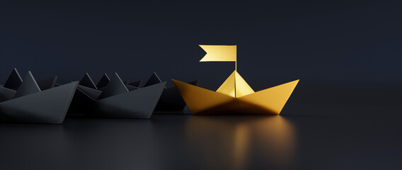 Group of black paper boats with golden leader on darkbackground
