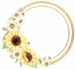 Sunflower and Daisy Wreath Clipart, Watercolor Chamomile Flowers Frame, Rustic Meadow Floral Bouquet, Wedding Invites, Baby shower, Logo