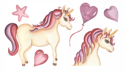 Plakat Watercolor Baby Unicorn clipart. Little pink horse animal illustration, hearts and balloon, Magic Forest animal clip art, baby shower, kids birthday party