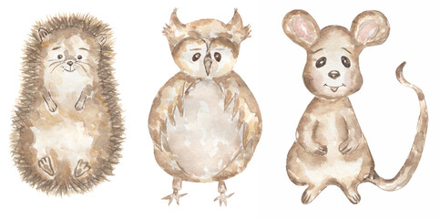 Watercolor hand drawn baby animals clipart. Woodland animal illustration, forest hedghog, little mouse, owl clip art, kids wall art, baby shower, birthday party card