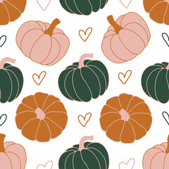 Beautiful pumpkin halloween thanksgiving seamless pattern, cute cartoon pumpkins hand drawn background, great for seasonal textile prints, holiday banners, backdrops or wallpapers, vector surface