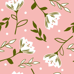 cute seamless vector pattern background illustration with white abstract flowers, white dots and green leaves	