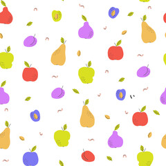 Bright summer seamless pattern with harvest of apples, pears, plums