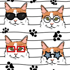 Cute lovely seamless vector pattern illustration with cats with glasses on black and white striped background