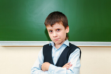 Funny schoolboy near the green school board in the classroom.