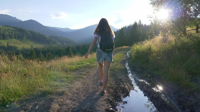 hiker or backpacker walking in the mountains on a dirt road, active lifestyle in summer, vacation, back view of female tourist in the wilderness