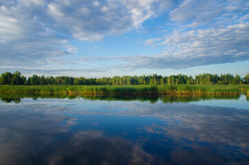 Beautiful calm blue landscape at the sunset of the lake. Reflection of clouds in the water