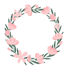 Pink flowers round wreath isolated on white background. Cute botanical frame. Flowers and leaves wreath design element for wedding, party, invitation, card, copy space.