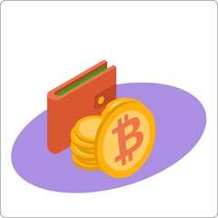 Wallet and cash. Coins. Payment and money transfer bitcoin. Popular flat colors. Vector isometric 3d illustration.