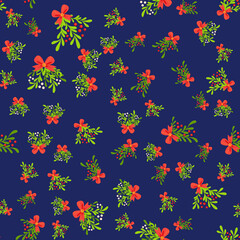 Seamless pattern with hand drawn poinsettia flowers and floral branches and berries, mistletoe, christmas florals.