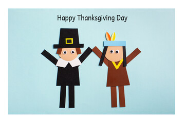 paper craft for kids. DIY american man and indian made for thanksgiving day. create art for children. - obrazy, fototapety, plakaty