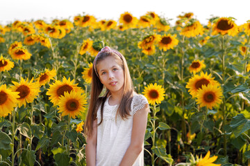 Teenager in a white T-shirt in a field with blooming sunflowers