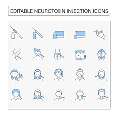 Cosmetic injection line icons set.Beauty correction. Rejuvenation. Vaccination. Cosmetic procedure concept. Isolated vector illustrations.Editable stroke