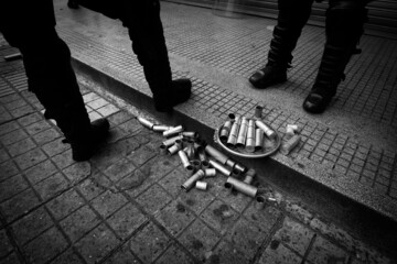 Fototapeta premium SMAD Police and Hooded Confrontation Bogotá Colombia