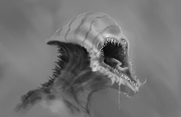 Fantasy black and white painting of large mouth alien creature with spit hanging from it's mouth - digital illustration