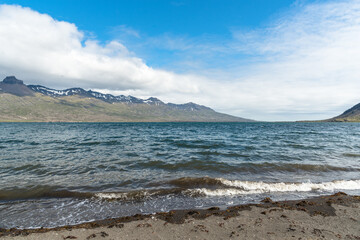View of a fjord in Eastern Iceland on a clear summer day
