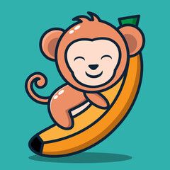 cute monkey loves bananas, hugs big bananas
