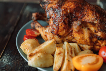 Freshly grilled chicken on blue plate with potatoes and tomatoes