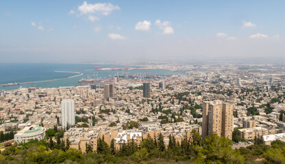 View from Mount Carmel in Haifa to the lower city of Haifa, the port and the Mediterranean Sea, in the city of Haifa, in northern Israel