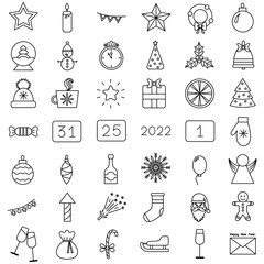 New Year and Christmas vector linear icons, set of 42 elements