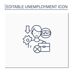 Technological unemployment line icon. Lost job caused by technological change,robotizing.Staff reduction.Joblessness concept. Isolated vector illustration.Editable stroke